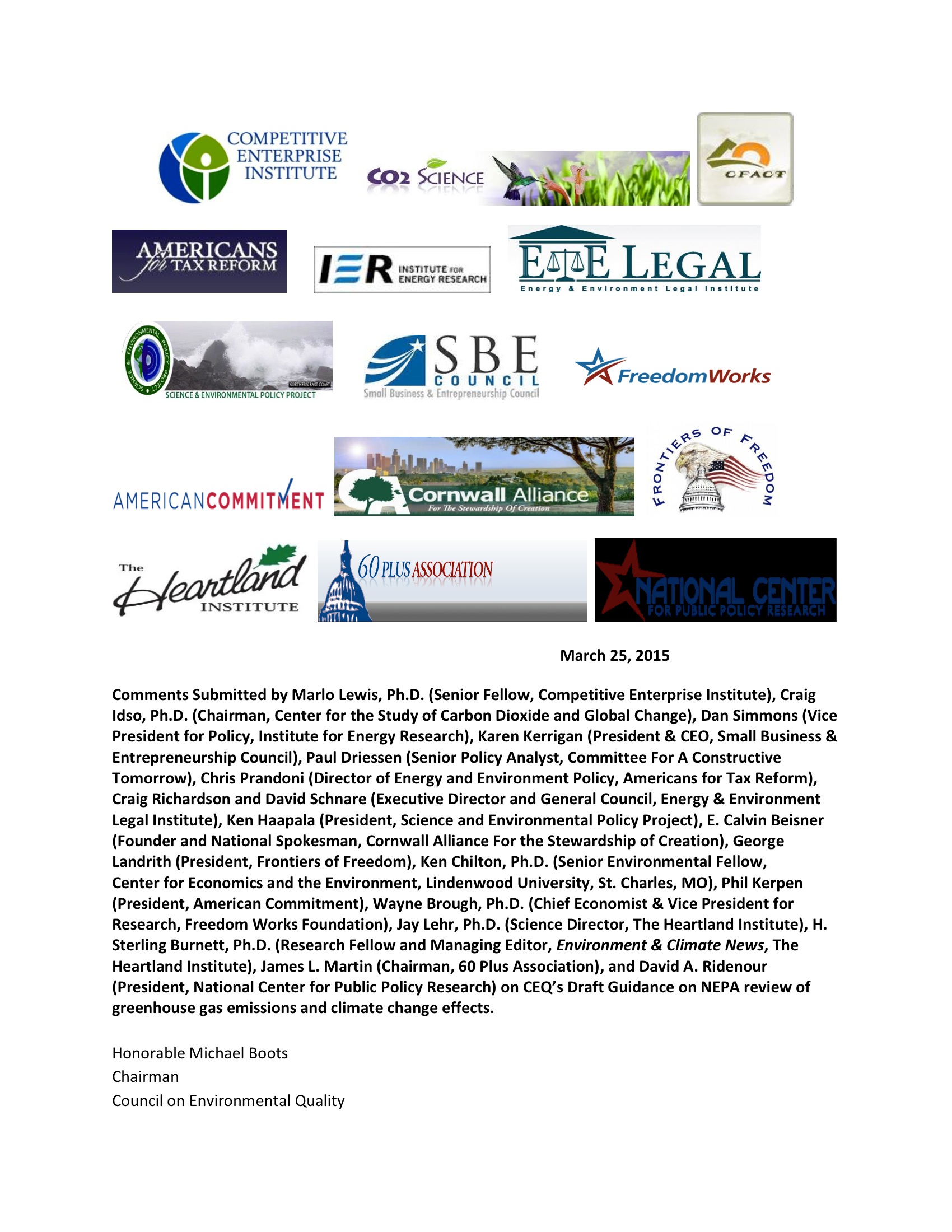 Marlo Lewis Competitive Enterprise Institute and Free Market Allies Comment Letter on NEPA GHG Guidance Document 73-1